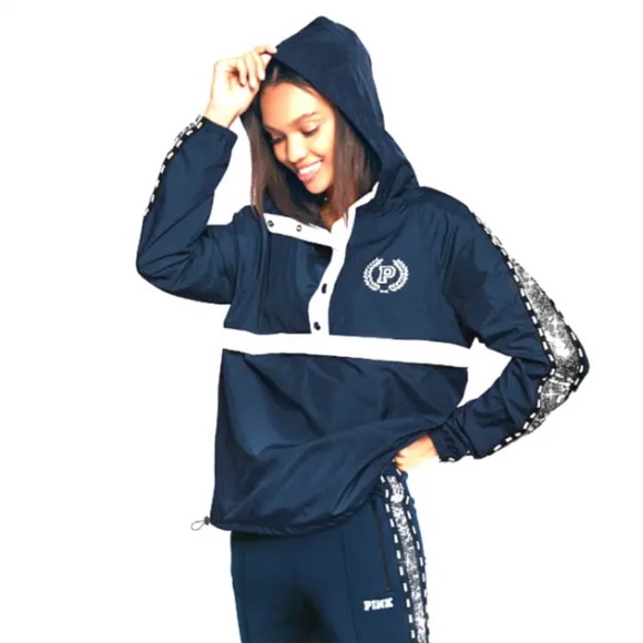 VICTORIAS SECRET PINK BLING SLEEVE BACK LOGO NAVY BLUE WINDBREAKER JACKET XS